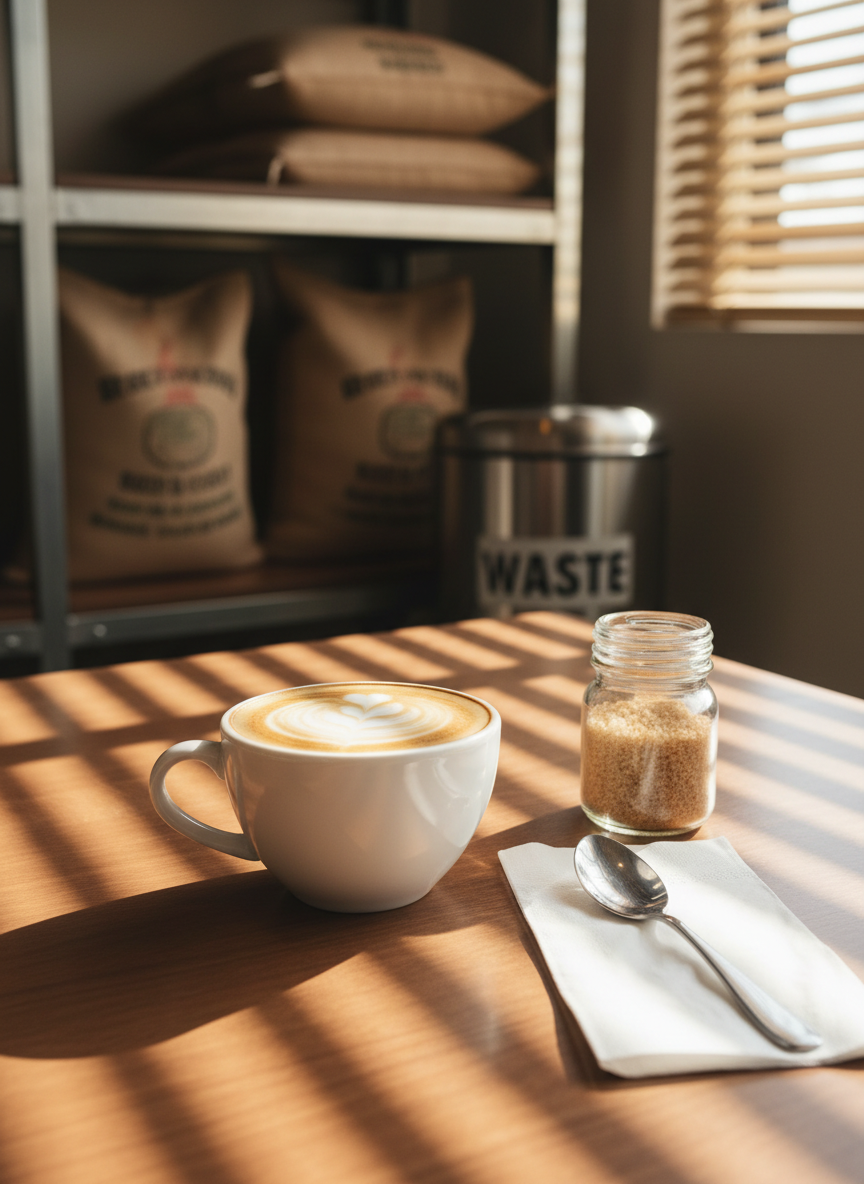 A close-up, side-angle photographic shot of a pristine white ceramic cappuccino cup on a smooth wooden table, accompanied by a sealed glass jar of brown sugar and a stainless-steel spoon resting on a clean, folded napkin. The table surface is free of spills and crumbs, with a subtle matte finish that suggests regular cleaning. In the background, softly blurred, are tidy coffee bean sacks stacked on metal shelving and a clearly labeled, closed waste bin with a clean exterior. Warm afternoon light filters through slatted blinds, creating gentle stripes of light and shadow, evoking a welcoming yet highly professional mood focused on hygiene and pest-free food service.