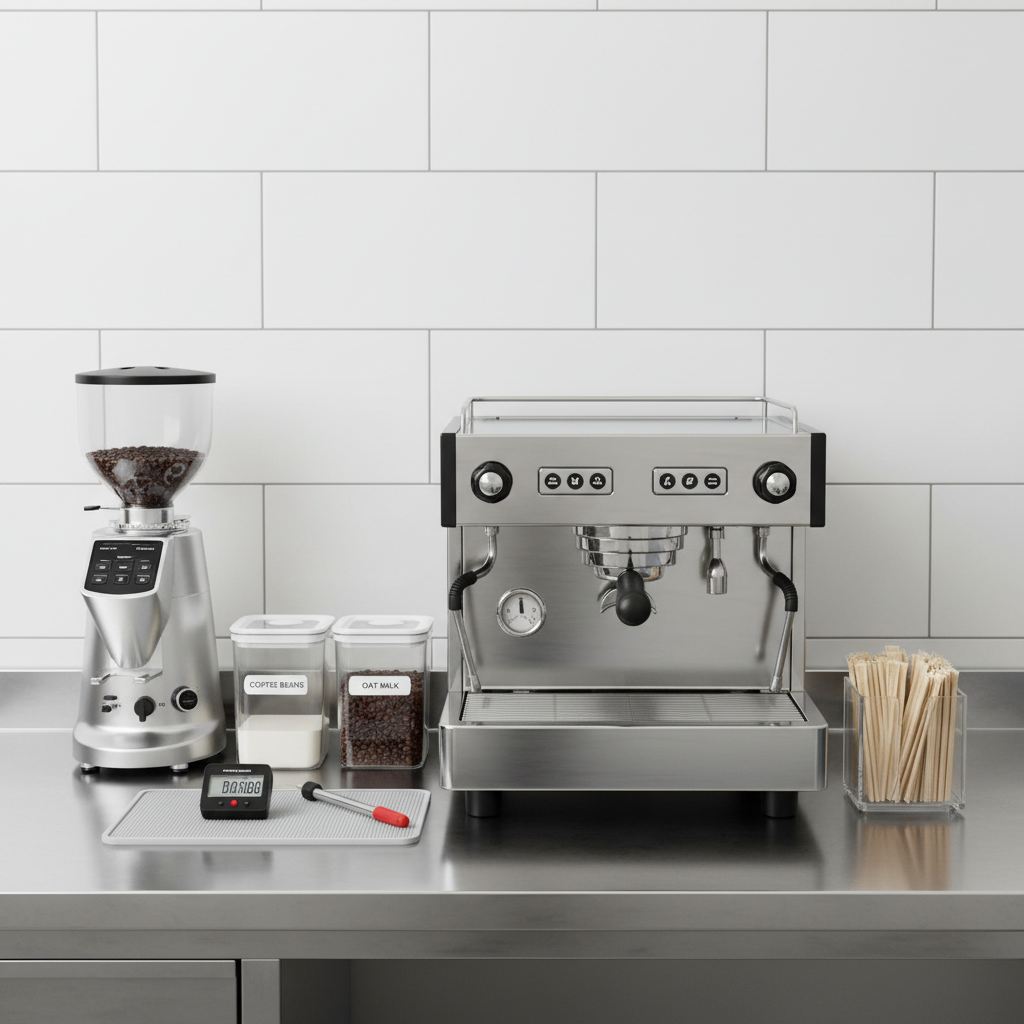 A close-up photographic scene of a barista-style coffee station set up for a hygiene training demonstration: a sanitized stainless-steel workbench holds a commercial grinder, a spotless espresso machine, and labeled, airtight containers of coffee beans and milk alternatives. A digital timer and a probe thermometer rest on a clean silicone mat, while single-use stirrers are neatly arranged in a sealed holder. The background shows a tiled wall with smoothly grouted joints and no stains, suggesting easy cleaning, typical of professional food premises in Alor Setar. Neutral white overhead lighting ensures every detail is clearly visible, creating a precise, educational mood that supports content about best practices for pest-free, hygienic coffee shop operations.