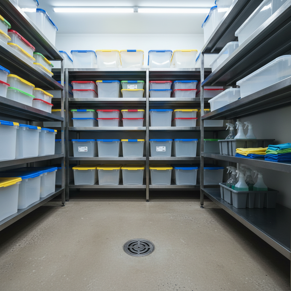 A meticulous photographic close-up of a café’s back-of-house cleaning and storage zone, showing closed, food-safe storage tubs stacked on open stainless-steel shelving, each with color accents but no readable text. The floor below is bare and spotless, with a drain indicating easy washing. Nearby, an organized cleaning caddy stands on a shelf, containing sealed spray bottles and color-coded cloths, all unused and neatly arranged. Bright, cool-toned LED lighting eliminates dark corners, reinforcing a sense of order and pest prevention. Shot at a slightly low angle to emphasize the height and structure of the shelving, the composition highlights professional kitchen hygiene practices that support a safe coffee service environment.