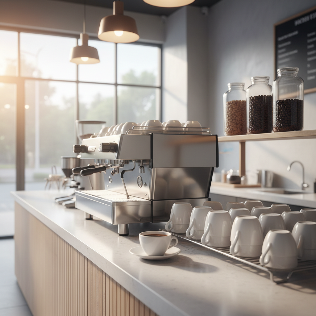 A spotless, modern coffee counter in a hygienic café, featuring a polished stainless-steel espresso machine and neatly arranged white ceramic cups upside down on a sanitized rack. The counter surface is a light-colored quartz, completely clutter-free except for a single pristine cup of black coffee on a saucer. In the background, gleaming glass jars of beans sit on an elevated shelf, with no traces of spills or crumbs. Soft morning daylight streams in from large windows, complemented by warm pendant lighting above, casting gentle reflections on the metal surfaces. Photographic realism, eye-level composition with sharp focus throughout, creating a calm, professional, and trustworthy atmosphere that emphasizes cleanliness and food safety in a Malaysian coffee shop context.