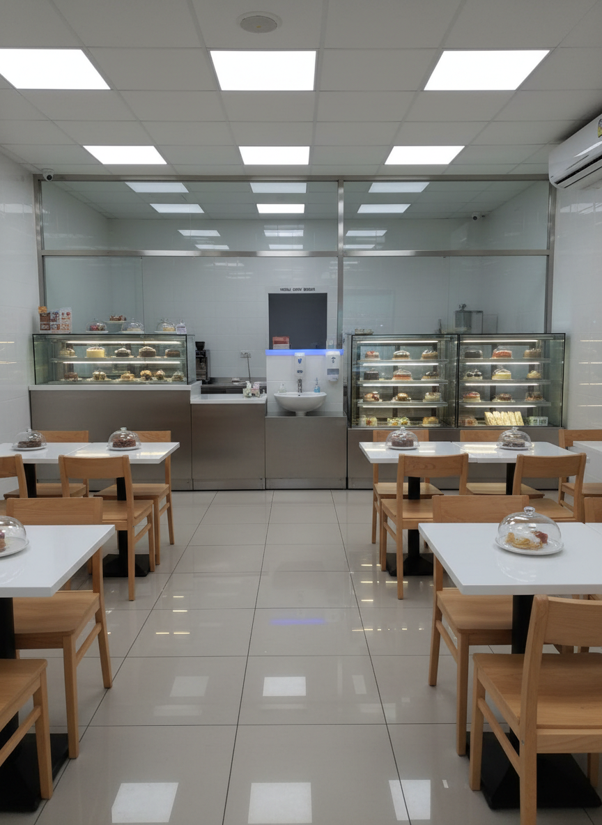 A wide-angle interior shot of a small coffee shop in Kedah designed around hygiene best practices, showing rows of spotless tables with evenly spaced chairs and a clearly separated counter area for ordering and food preparation. The floor is a light, easy-to-clean tile, reflecting overhead LED panel lights that bathe the room in neutral, shadow-free illumination. On the back wall, glass-fronted refrigerated display cases hold safely stored cakes and sandwiches on individual plates under clear covers. A handwashing station with touchless fixtures stands near the prep area, visually prominent. The photographic realism and clean, modern aesthetic create an atmosphere of trust, emphasizing food safety and pest-free dining.