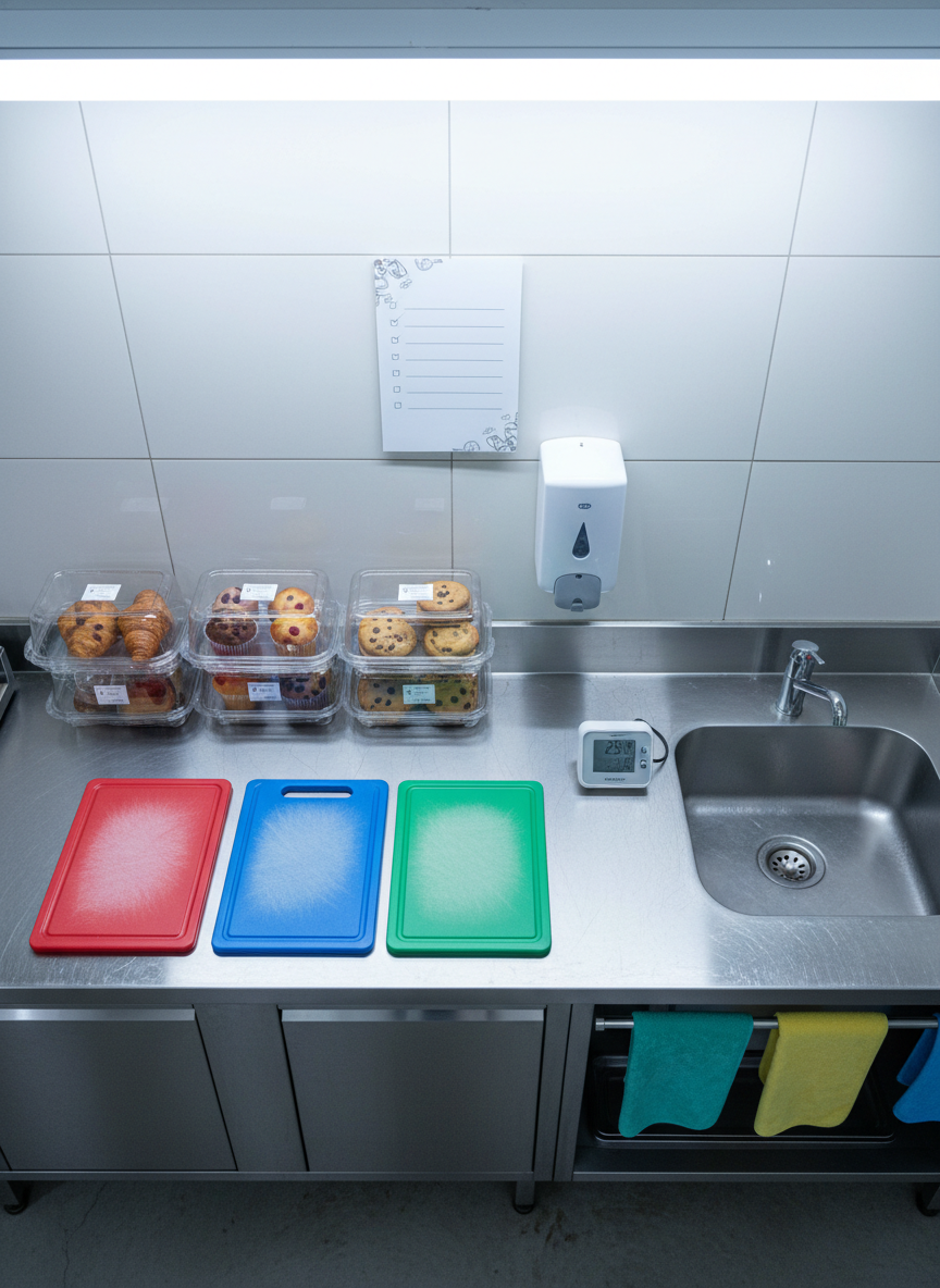An overhead photographic view of a hygienic coffee preparation station in a food premises in Alor Setar, Kedah, featuring color-coded cutting boards, sealed containers of pastries, and a digital thermometer resting beside a stainless-steel sink. The sink area is perfectly dry and immaculate, with a wall-mounted soap dispenser and a row of neatly hung, unused cleaning cloths. A laminated checklist without legible text is visible as a subtle graphic on the wall. Cool, even fluorescent lighting illuminates every surface, eliminating harsh shadows and highlighting the spotless cleanliness. The composition uses clear geometric lines and organized sections, conveying a professional, systematic approach to food safety and pest-free operations in a café environment.