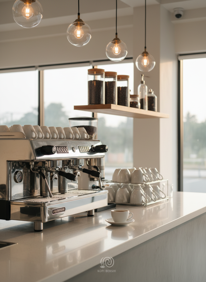 A spotless, modern coffee counter in a hygienic café, featuring a polished stainless-steel espresso machine and neatly arranged white ceramic cups upside down on a sanitized rack. The counter surface is a light-colored quartz, completely clutter-free except for a single pristine cup of black coffee on a saucer. In the background, gleaming glass jars of beans sit on an elevated shelf, with no traces of spills or crumbs. Soft morning daylight streams in from large windows, complemented by warm pendant lighting above, casting gentle reflections on the metal surfaces. Photographic realism, eye-level composition with sharp focus throughout, creating a calm, professional, and trustworthy atmosphere that emphasizes cleanliness and food safety in a Malaysian coffee shop context.