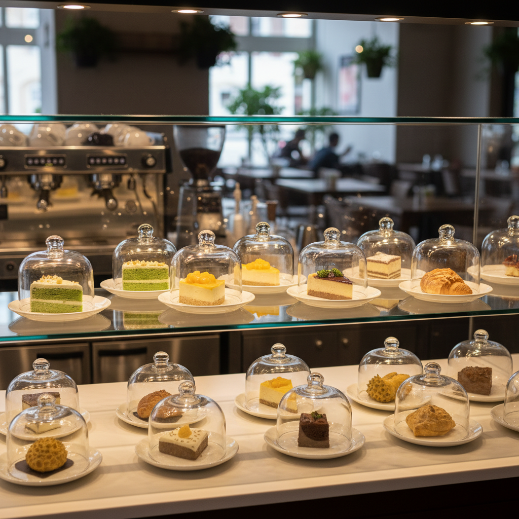 An inviting yet highly controlled pastry and coffee display counter in a Malaysian café, captured in photographic realism. Behind a crystal-clear glass barrier, individual slices of cake and pastries sit on white plates under small transparent domes, with no crumbs or smudges visible. A sleek espresso machine and milk frothing station are positioned behind the display, separated by a raised tempered-glass splash guard. Overhead, warm spotlights create soft highlights on the glass and porcelain, while the rest of the café recedes into a gentle blur. The mood is professionally welcoming, demonstrating how attractive food presentation can coexist with strict hygiene and pest-free practices in a coffee shop setting.